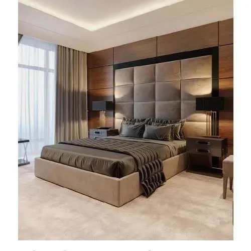 Bedroom with upholstered panel headboard
