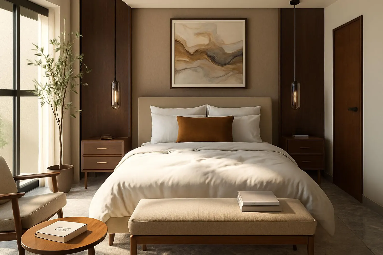 Warm-toned custom bedroom furniture crafted in-house